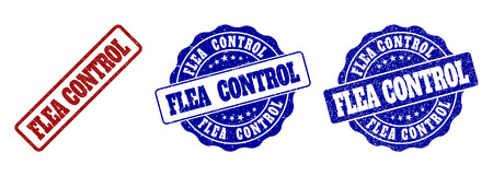 FLEA CONTROL grunge stamp seals in red and blue colors. Vector FLEA CONTROL imprints with grunge style. Graphic elements are rounded rectangles, rosettes, circles and text captions.のイラスト素材