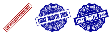GET YOUR FIRST MONTH FREE grunge stamp seals in red and blue colors. Vector GET YOUR FIRST MONTH FREE labels with dirty style. Graphic elements are rounded rectangles, rosettes,のイラスト素材