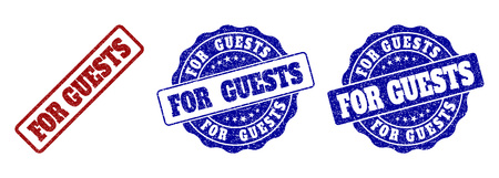 FOR GUESTS grunge stamp seals in red and blue colors. Vector FOR GUESTS labels with scratced texture. Graphic elements are rounded rectangles, rosettes, circles and text labels.のイラスト素材
