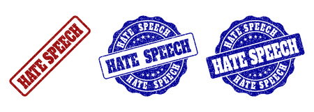 HATE SPEECH grunge stamp seals in red and blue colors. Vector HATE SPEECH labels with distress surface. Graphic elements are rounded rectangles, rosettes, circles and text labels.のイラスト素材
