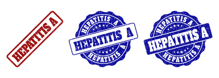 HEPATITIS A scratched stamp seals in red and blue colors. Vector HEPATITIS A watermarks with distress surface. Graphic elements are rounded rectangles, rosettes, circles and text labels.のイラスト素材