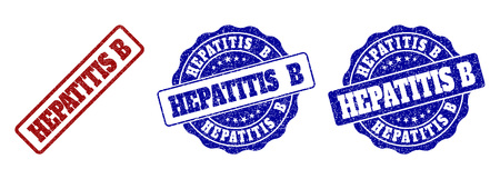 HEPATITIS B scratched stamp seals in red and blue colors. Vector HEPATITIS B labels with dirty surface. Graphic elements are rounded rectangles, rosettes, circles and text captions.のイラスト素材