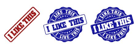 I LIKE THIS grunge stamp seals in red and blue colors. Vector I LIKE THIS overlays with grunge effect. Graphic elements are rounded rectangles, rosettes, circles and text titles.のイラスト素材