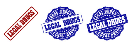 LEGAL DRUGS grunge stamp seals in red and blue colors. Vector LEGAL DRUGS marks with grunge surface. Graphic elements are rounded rectangles, rosettes, circles and text captions.のイラスト素材