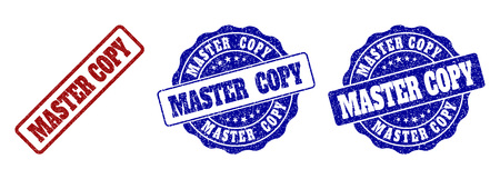 MASTER COPY grunge stamp seals in red and blue colors. Vector MASTER COPY imprints with grunge style. Graphic elements are rounded rectangles, rosettes, circles and text captions.のイラスト素材
