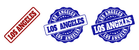 LOS ANGELES grunge stamp seals in red and blue colors. Vector LOS ANGELES imprints with grunge style. Graphic elements are rounded rectangles, rosettes, circles and text labels.のイラスト素材