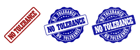 NO TOLERANCE grunge stamp seals in red and blue colors. Vector NO TOLERANCE imprints with dirty surface. Graphic elements are rounded rectangles, rosettes, circles and text titles.のイラスト素材