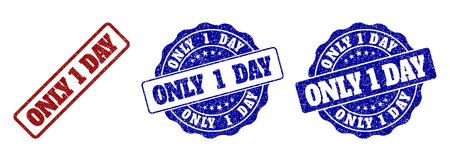 ONLY 1 DAY grunge stamp seals in red and blue colors. Vector ONLY 1 DAY overlays with grunge style. Graphic elements are rounded rectangles, rosettes, circles and text captions.のイラスト素材