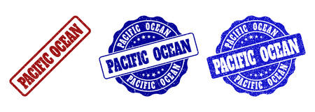 PACIFIC OCEAN grunge stamp seals in red and blue colors. Vector PACIFIC OCEAN signs with grunge style. Graphic elements are rounded rectangles, rosettes, circles and text tags.のイラスト素材