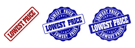 LOWEST PRICE scratched stamp seals in red and blue colors. Vector LOWEST PRICE labels with dirty effect. Graphic elements are rounded rectangles, rosettes, circles and text labels.のイラスト素材