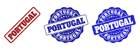 PORTUGAL grunge stamp seals in red and blue colors. Vector PORTUGAL overlays with grunge effect. Graphic elements are rounded rectangles, rosettes, circles and text titles.のイラスト素材