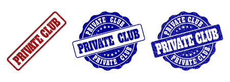 PRIVATE CLUB grunge stamp seals in red and blue colors. Vector PRIVATE CLUB watermarks with grunge surface. Graphic elements are rounded rectangles, rosettes, circles and text tags.のイラスト素材