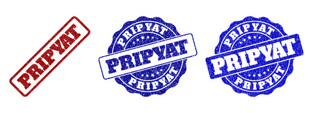 PRIPYAT grunge stamp seals in red and blue colors. Vector PRIPYAT overlays with grunge surface. Graphic elements are rounded rectangles, rosettes, circles and text tags.のイラスト素材