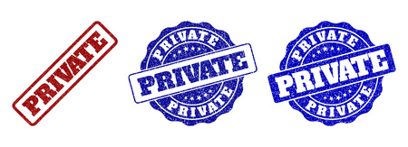 PRIVATE grunge stamp seals in red and blue colors. Vector PRIVATE overlays with grunge texture. Graphic elements are rounded rectangles, rosettes, circles and text titles.のイラスト素材