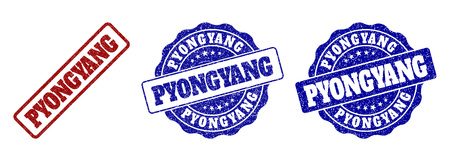 PYONGYANG grunge stamp seals in red and blue colors. Vector PYONGYANG labels with distress texture. Graphic elements are rounded rectangles, rosettes, circles and text labels.のイラスト素材