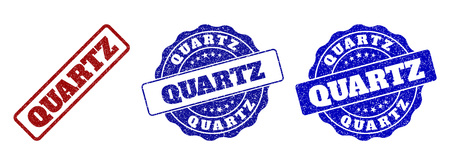 QUARTZ grunge stamp seals in red and blue colors. Vector QUARTZ imprints with draft style. Graphic elements are rounded rectangles, rosettes, circles and text labels.のイラスト素材