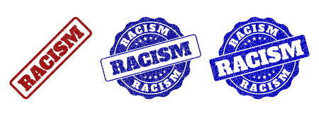 RACISM grunge stamp seals in red and blue colors. Vector RACISM signs with dirty texture. Graphic elements are rounded rectangles, rosettes, circles and text captions.のイラスト素材