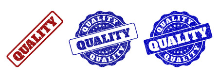 QUALITY scratched stamp seals in red and blue colors. Vector QUALITY watermarks with scratced effect. Graphic elements are rounded rectangles, rosettes, circles and text tags.のイラスト素材