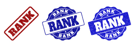 RANK grunge stamp seals in red and blue colors. Vector RANK overlays with grunge texture. Graphic elements are rounded rectangles, rosettes, circles and text captions.のイラスト素材