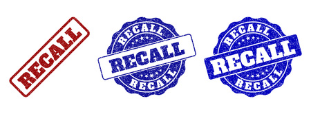 RECALL grunge stamp seals in red and blue colors. Vector RECALL labels with distress style. Graphic elements are rounded rectangles, rosettes, circles and text labels.のイラスト素材