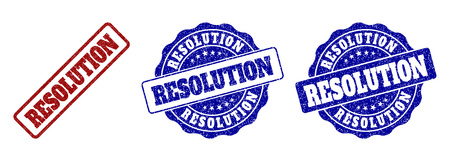 RESOLUTION scratched stamp seals in red and blue colors. Vector RESOLUTION labels with grunge style. Graphic elements are rounded rectangles, rosettes, circles and text labels.のイラスト素材