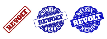 REVOLT scratched stamp seals in red and blue colors. Vector REVOLT labels with distress surface. Graphic elements are rounded rectangles, rosettes, circles and text labels.のイラスト素材