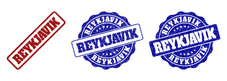 REYKJAVIK grunge stamp seals in red and blue colors. Vector REYKJAVIK labels with distress texture. Graphic elements are rounded rectangles, rosettes, circles and text labels.のイラスト素材
