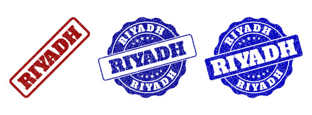 RIYADH grunge stamp seals in red and blue colors. Vector RIYADH labels with distress effect. Graphic elements are rounded rectangles, rosettes, circles and text labels.のイラスト素材