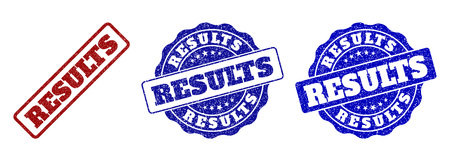RESULTS scratched stamp seals in red and blue colors. Vector RESULTS marks with grainy style. Graphic elements are rounded rectangles, rosettes, circles and text titles.のイラスト素材