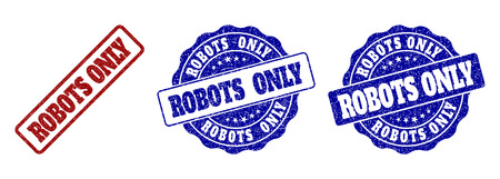 ROBOTS ONLY grunge stamp seals in red and blue colors. Vector ROBOTS ONLY imprints with grunge style. Graphic elements are rounded rectangles, rosettes, circles and text tags.のイラスト素材