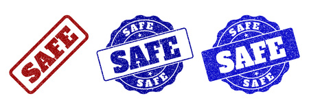 SAFE grunge stamp seals in red and blue colors. Vector SAFE marks with grunge texture. Graphic elements are rounded rectangles, rosettes, circles and text titles. Designed for rubber stamp imitations.のイラスト素材