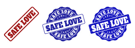 SAFE LOVE grunge stamp seals in red and blue colors. Vector SAFE LOVE labels with grunge style. Graphic elements are rounded rectangles, rosettes, circles and text titles.のイラスト素材