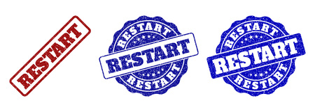 RESTART grunge stamp seals in red and blue colors. Vector RESTART overlays with grunge texture. Graphic elements are rounded rectangles, rosettes, circles and text tags.のイラスト素材