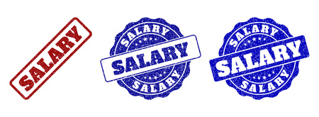 SALARY scratched stamp seals in red and blue colors. Vector SALARY imprints with distress surface. Graphic elements are rounded rectangles, rosettes, circles and text captions.のイラスト素材