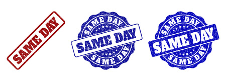 SAME DAY scratched stamp seals in red and blue colors. Vector SAME DAY signs with grainy style. Graphic elements are rounded rectangles, rosettes, circles and text captions.のイラスト素材
