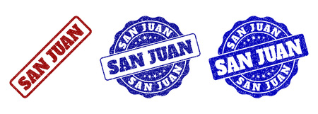 SAN JUAN scratched stamp seals in red and blue colors. Vector SAN JUAN signs with dirty effect. Graphic elements are rounded rectangles, rosettes, circles and text captions.のイラスト素材