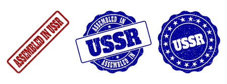 ASSEMBLED IN USSR scratched stamp seals in red and blue colors. Vector ASSEMBLED IN USSR marks with draft style. Graphic elements are rounded rectangles, rosettes, circles and text tags.のイラスト素材
