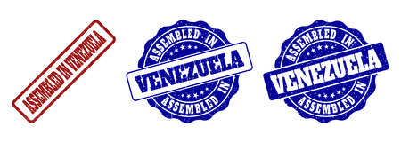 ASSEMBLED IN VENEZUELA grunge stamp seals in red and blue colors. Vector ASSEMBLED IN VENEZUELA imprints with grunge style. Graphic elements are rounded rectangles, rosettes, circles and text titles.のイラスト素材