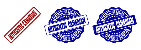 AUTHENTIC CANADIAN scratched stamp seals in red and blue colors. Vector AUTHENTIC CANADIAN watermarks with grainy effect. Graphic elements are rounded rectangles, rosettes, circles and text titles.のイラスト素材