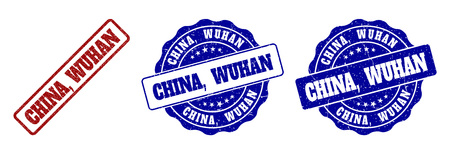 CHINA, WUHAN grunge stamp seals in red and blue colors. Vector CHINA, WUHAN watermarks with grunge style. Graphic elements are rounded rectangles, rosettes, circles and text titles.のイラスト素材