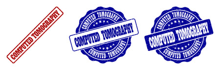 COMPUTED TOMOGRAPHY scratched stamp seals in red and blue colors. Vector COMPUTED TOMOGRAPHY overlays with grunge effect. Graphic elements are rounded rectangles, rosettes, circles and text titles.のイラスト素材