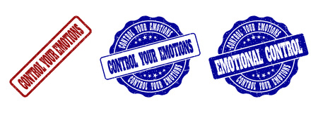 CONTROL YOUR EMOTIONS grunge stamp seals in red and blue colors. Vector CONTROL YOUR EMOTIONS labels with draft style. Graphic elements are rounded rectangles, rosettes, circles and text labels.のイラスト素材