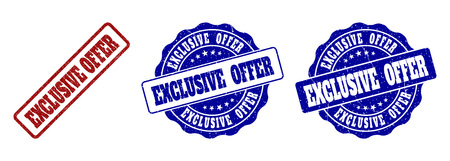 EXCLUSIVE OFFER grunge stamp seals in red and blue colors. Vector EXCLUSIVE OFFER signs with grunge surface. Graphic elements are rounded rectangles, rosettes, circles and text tags.のイラスト素材