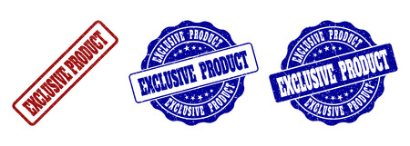 EXCLUSIVE PRODUCT scratched stamp seals in red and blue colors. Vector EXCLUSIVE PRODUCT labels with distress surface. Graphic elements are rounded rectangles, rosettes, circles and text labels.のイラスト素材