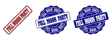 FULL MOON PARTY grunge stamp seals in red and blue colors. Vector FULL MOON PARTY signs with grunge texture. Graphic elements are rounded rectangles, rosettes, circles and text titles.のイラスト素材