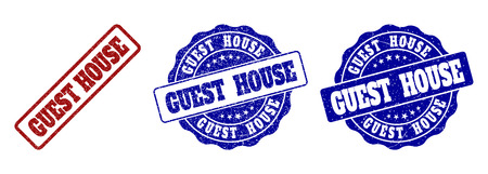 GUEST HOUSE grunge stamp seals in red and blue colors. Vector GUEST HOUSE overlays with grunge style. Graphic elements are rounded rectangles, rosettes, circles and text titles.のイラスト素材