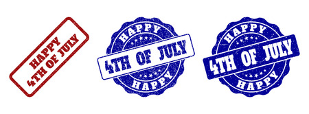 HAPPY 4TH OF JULY grunge stamp seals in red and blue colors. Vector HAPPY 4TH OF JULY imprints with grunge effect. Graphic elements are rounded rectangles, rosettes, circles and text tags.のイラスト素材