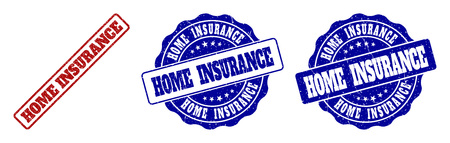 HOME INSURANCE grunge stamp seals in red and blue colors. Vector HOME INSURANCE watermarks with grunge surface. Graphic elements are rounded rectangles, rosettes, circles and text captions.のイラスト素材
