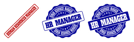 HUMAN RESOURCES MANAGER grunge stamp seals in red and blue colors. Vector HUMAN RESOURCES MANAGER labels with scratced style. Graphic elements are rounded rectangles, rosettes,のイラスト素材