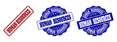 HUMAN RESOURCES grunge stamp seals in red and blue colors. Vector HUMAN RESOURCES labels with grunge style. Graphic elements are rounded rectangles, rosettes, circles and text tags.のイラスト素材